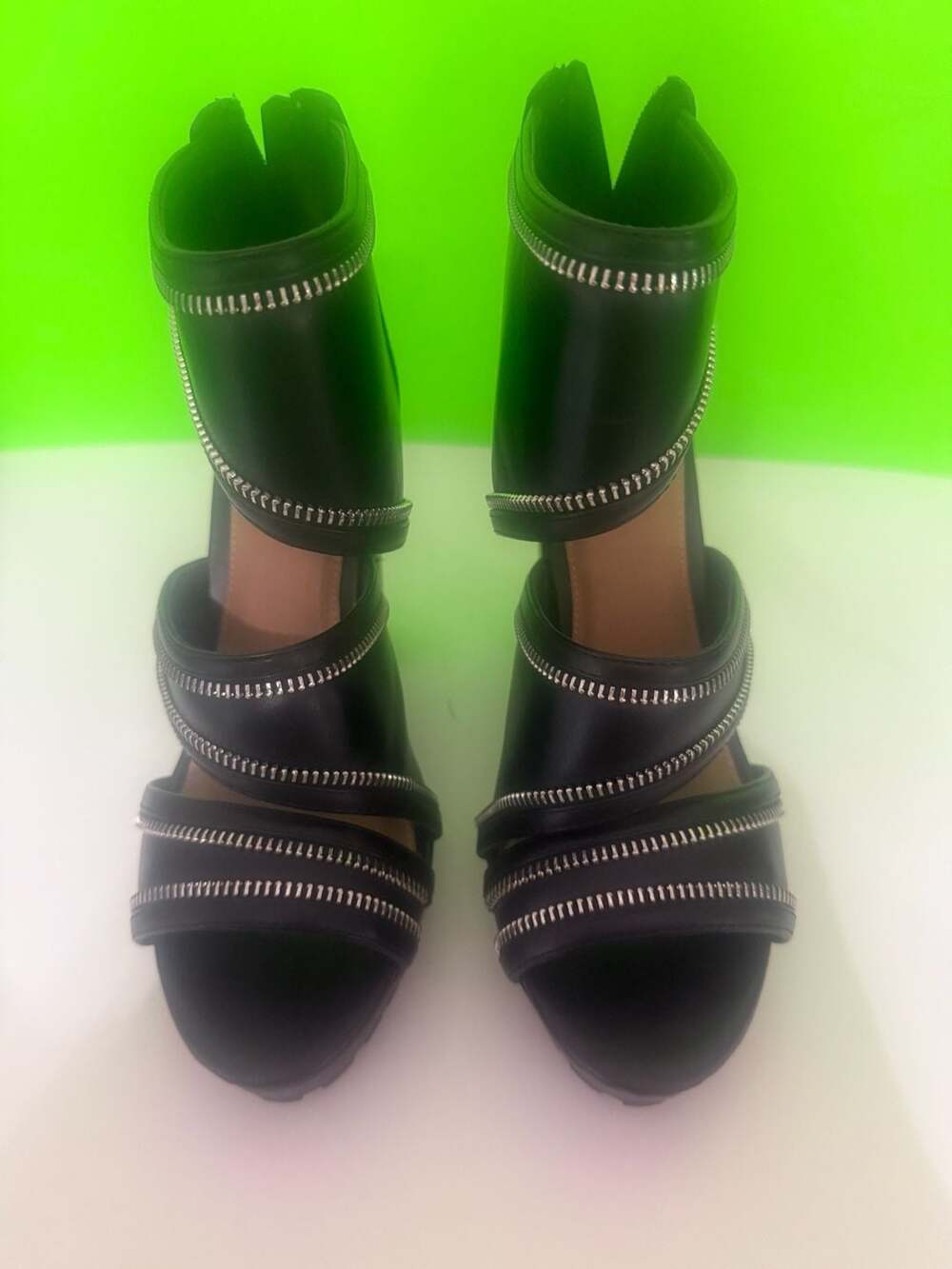 Report black strappy zipper platform high heel sandals
